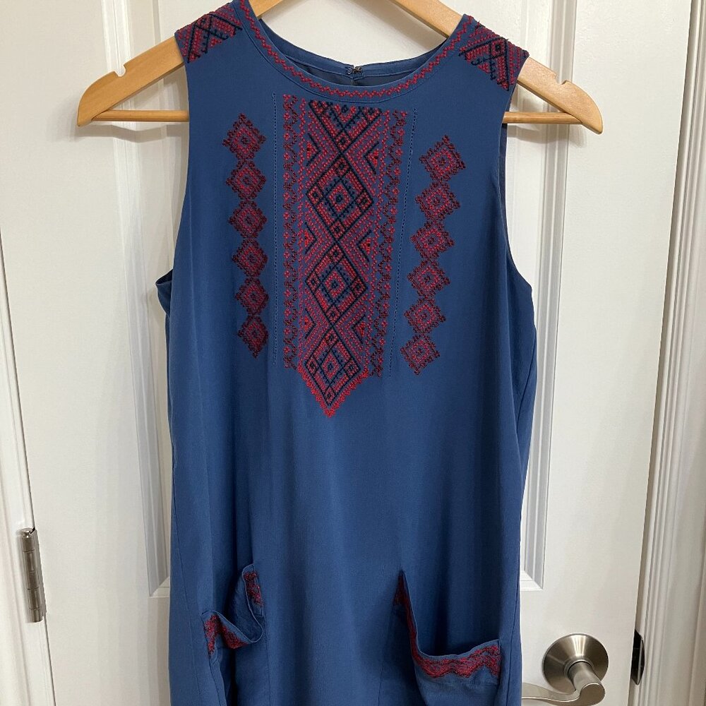 Madewell shift dress, blue with red embroider, Size S